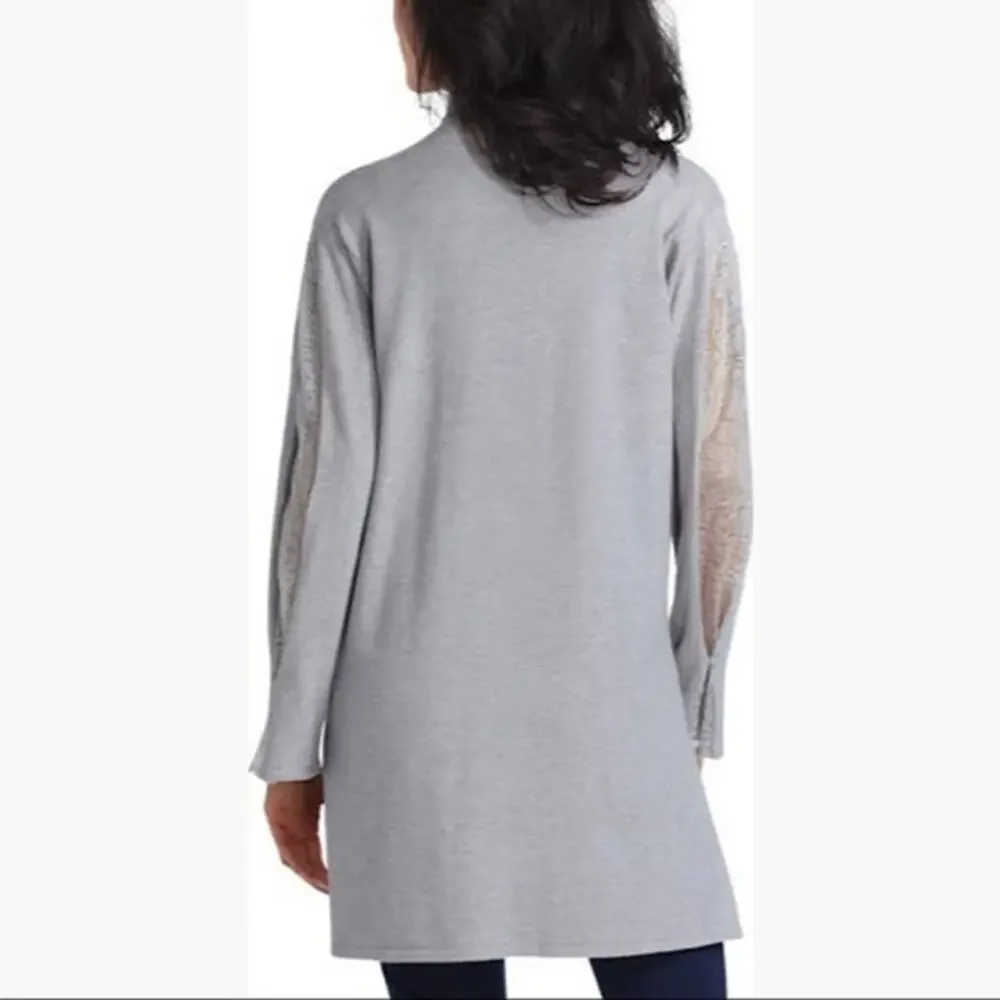 H Halston Light Heather Gray Cowl Neck Lace Shoulder Sweater, Size Large, NWT